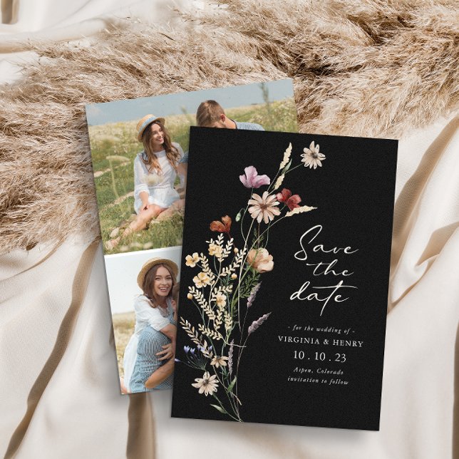 Black Photo Boho Save The Date Flat Card (Black Wildflowers Photo Boho Save The Date Flat Card by Painted Paperie
)