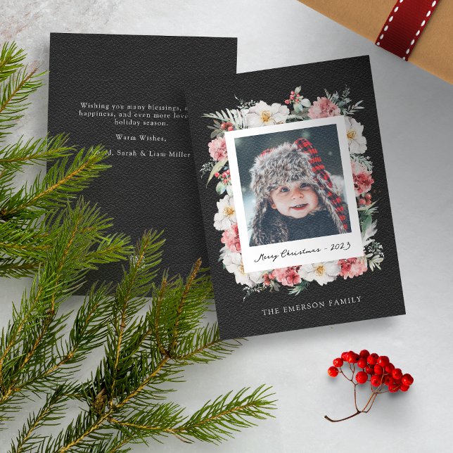 Black Photo Botanical Christmas Card (Black Merry Christmas Photo Holiday Card with Elegant Watercolor Botanical Florals Berries)