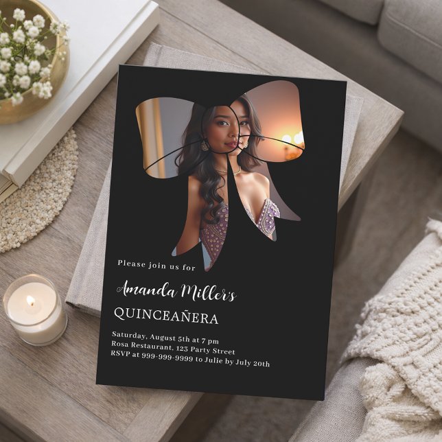 Black photo bow elegant Quinceanera Invitation (Creator Uploaded)