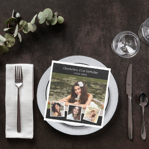 Black photo collage birthday party napkin