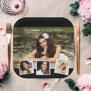 Black photo collage birthday party paper plate