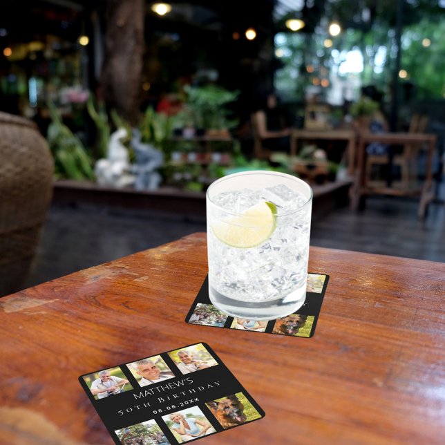 Black photo collage birthday party square paper coaster (Creator Uploaded)