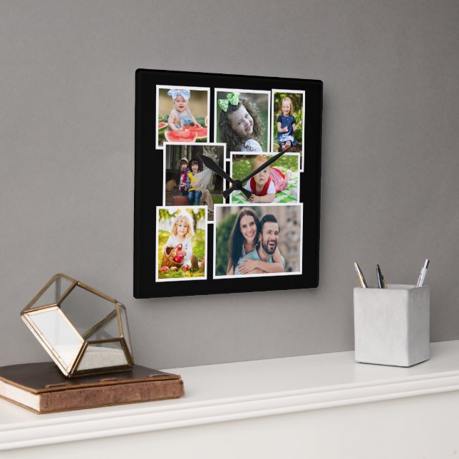 Black Photo Collage Family Keepsake Square Wall Clock (Office)