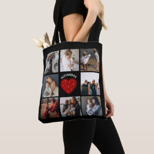Black Photo Collage   Rustic Red heart Tote Bag