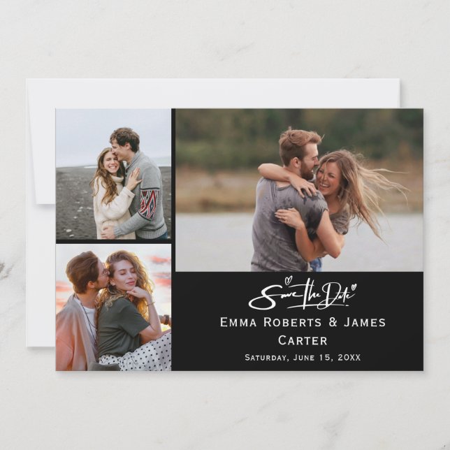 Black Photo Collage Save the Date Card (Front)