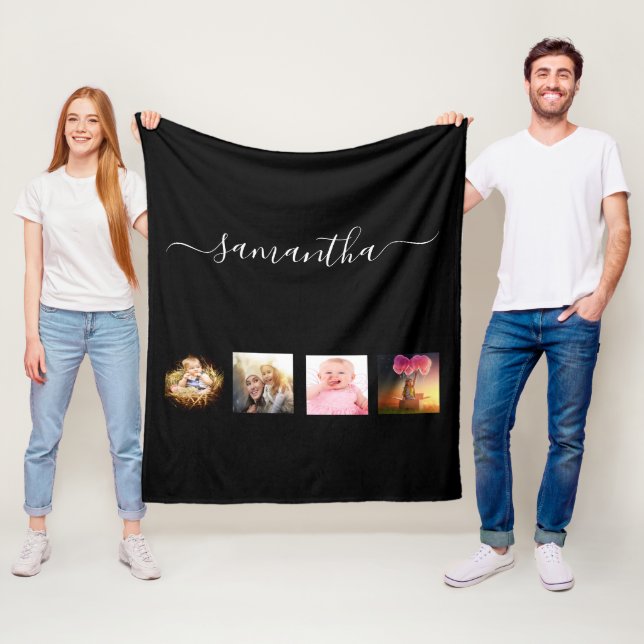 Black photo family collage name script fleece blanket (In Situ)