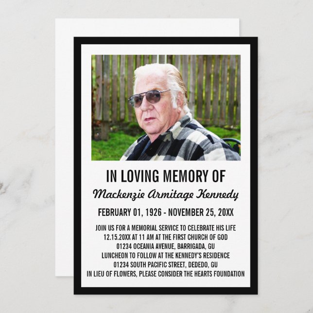 Black Photo Memorial Service or Funeral Invite (Front/Back)