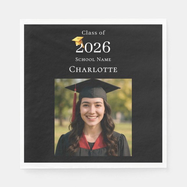 Black photo modern Graduation Party luncheon Napkin (Front)