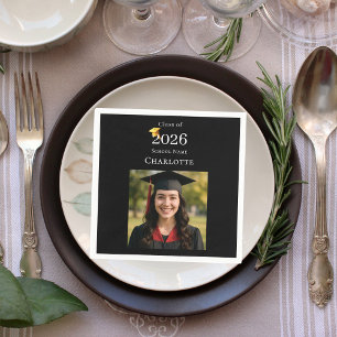 Black photo modern Graduation Party luncheon Napkin