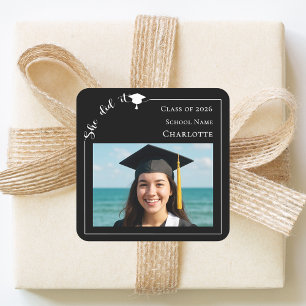Black photo modern She Did it Graduation Party Square Sticker