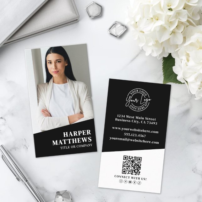 Black Photo QR Code Logo Vertical Business Card (Black Photo QR Code Logo Vertical Business Card )