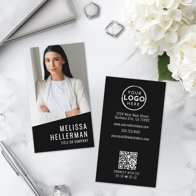 Black Photo QR Code Logo Vertical Business Card (Black Photo QR Code Logo Vertical Business Card )