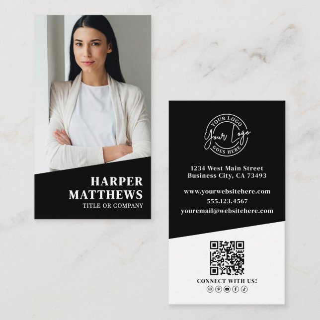 Black Photo QR Code Logo Vertical Business Card (Front/Back)