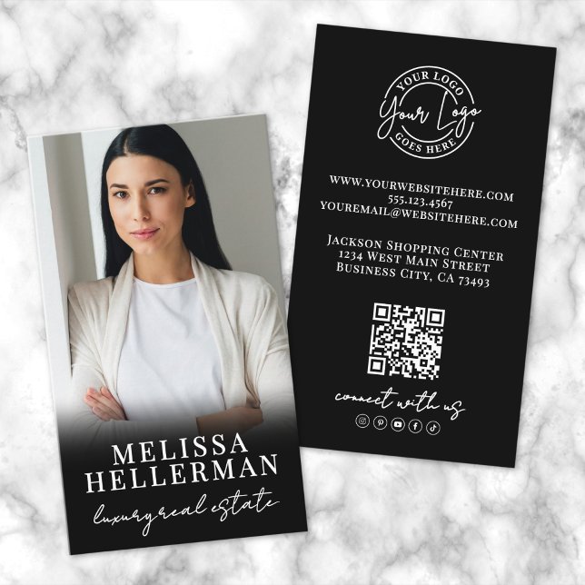 Black Photo QR Code Script Logo Vertical Business Card (Black Photo QR Code Script Logo Vertical Business Card)