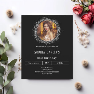 Black photo silver glitter birthday invitation