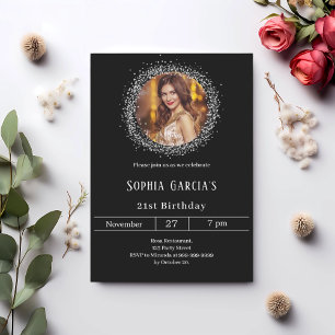 Black photo silver glitter birthday invitation