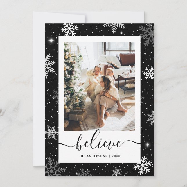 Black Photo Snowflake Believe Holiday Card (Front)