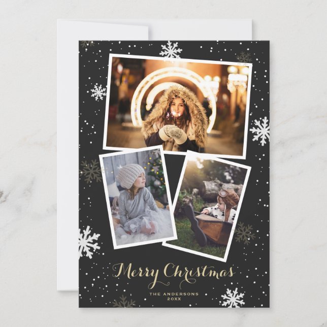 Black Photo Snowflakes Merry Christmas Cards (Front)