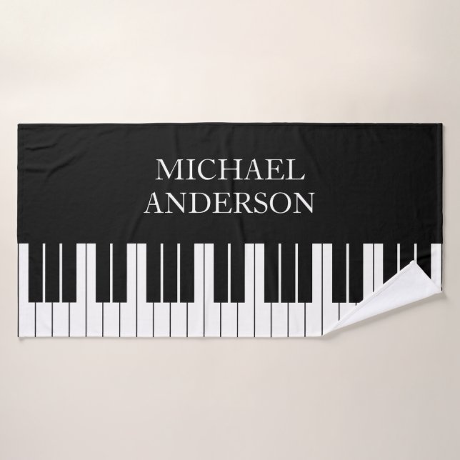 Black Piano Keyboard Personalised Name Bath Towel (Bath Towel)