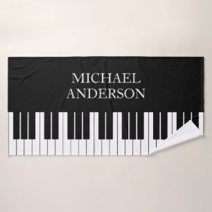 Black Piano Keyboard Personalized Name Bath Towel