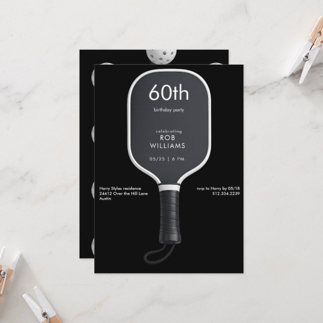 Black Pickleball 60th Birthdday Party Invitation (Front/Back In Situ)
