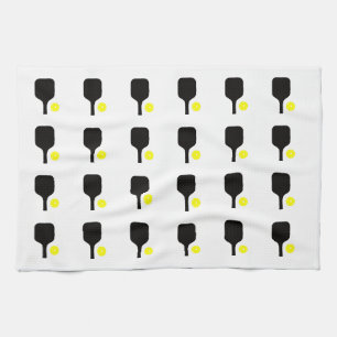 Black pickleball paddles & yellow balls tea towel