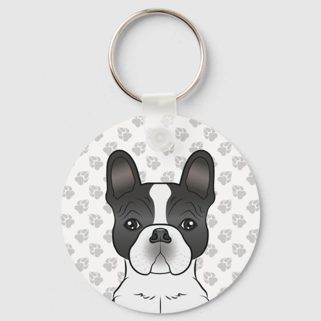 Black Piebald French Bulldog / Frenchie Dog & Paws Key Ring (Front)