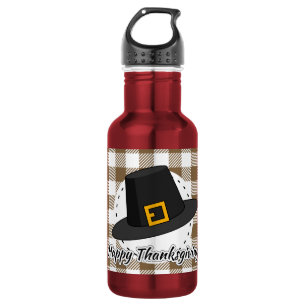 Black Pilgrim Hat on Brown Plaid - Thanksgiving 532 Ml Water Bottle