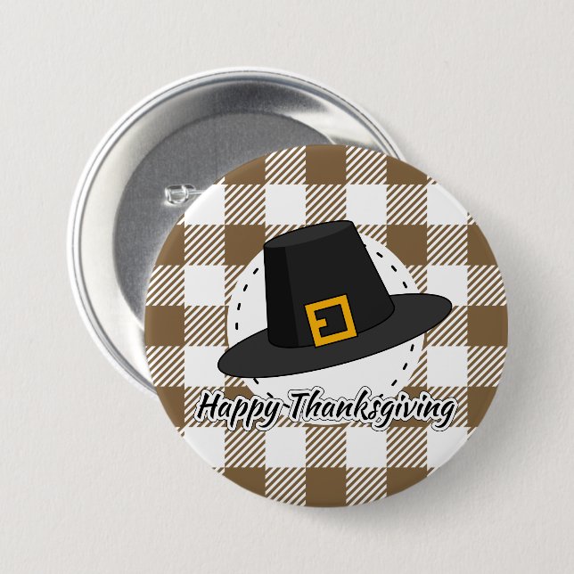 Black Pilgrim Hat on Brown Plaid - Thanksgiving 7.5 Cm Round Badge (Front & Back)