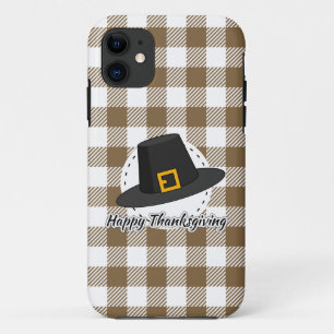 Black Pilgrim Hat on Brown Plaid - Thanksgiving iPhone 11 Case