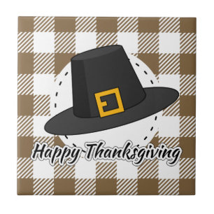 Black Pilgrim Hat on Brown Plaid - Thanksgiving Ceramic Tile