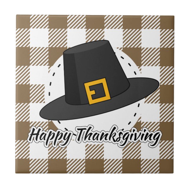 Black Pilgrim Hat on Brown Plaid - Thanksgiving Ceramic Tile (Front)