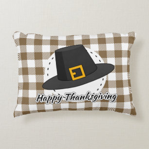 Black Pilgrim Hat on Brown Plaid - Thanksgiving Decorative Cushion