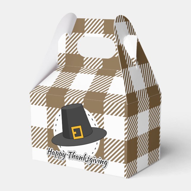 Black Pilgrim Hat on Brown Plaid - Thanksgiving Favour Box (Front Side)