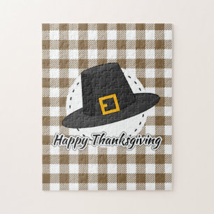 Black Pilgrim Hat on Brown Plaid - Thanksgiving Jigsaw Puzzle