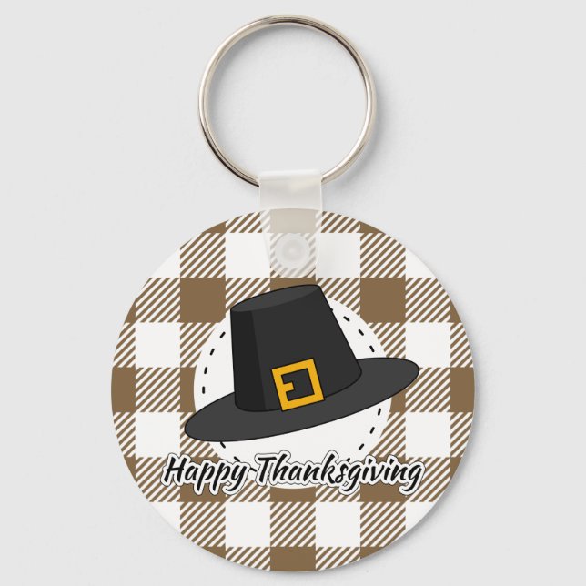 Black Pilgrim Hat on Brown Plaid - Thanksgiving Key Ring (Front)