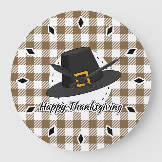 Black Pilgrim Hat on Brown Plaid - Thanksgiving Large Clock (Front)