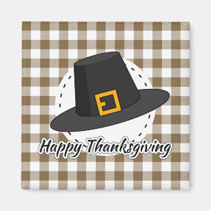 Black Pilgrim Hat on Brown Plaid - Thanksgiving Magnet