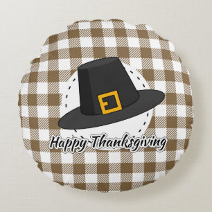 Black Pilgrim Hat on Brown Plaid - Thanksgiving Round Cushion