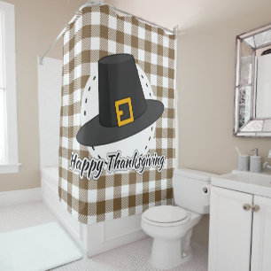 Black Pilgrim Hat on Brown Plaid - Thanksgiving Shower Curtain