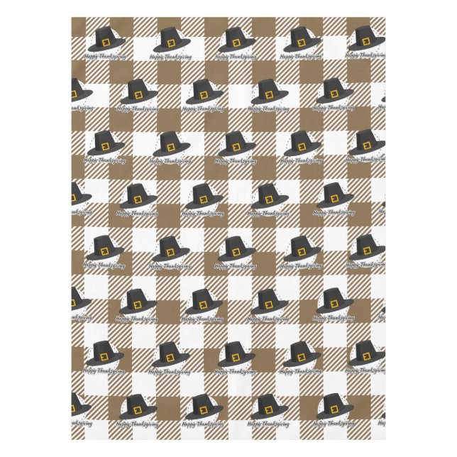 Black Pilgrim Hat on Brown Plaid - Thanksgiving Tablecloth (Front)