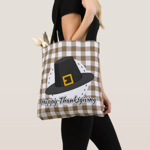 Black Pilgrim Hat on Brown Plaid - Thanksgiving Tote Bag