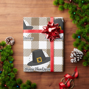 Black Pilgrim Hat on Brown Plaid - Thanksgiving Wrapping Paper