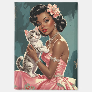 Black Pin-Up Pink Dress and Cute Kitten Magnet