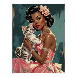 Black Pin-Up Pink Dress and Cute Kitten Poster