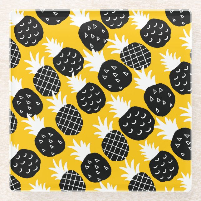 Black pineapples glass coaster (Front)