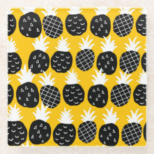 Black pineapples glass coaster