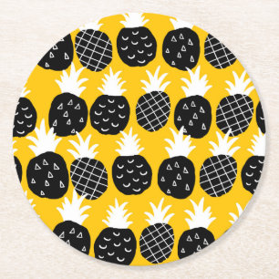 Black pineapples round paper coaster