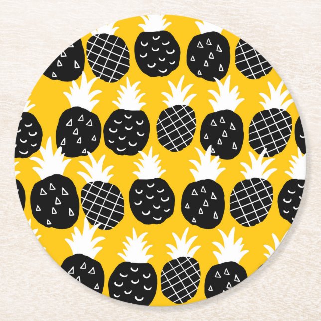 Black pineapples round paper coaster (Front)