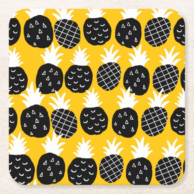 Black pineapples square paper coaster (Front)